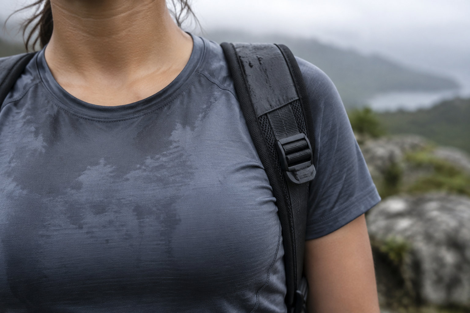 Gros plan sur le torse d’une personne portant un tee-shirt gris et une bretelle de sac à dos, avec un paysage montagneux flou en arrière-plan.