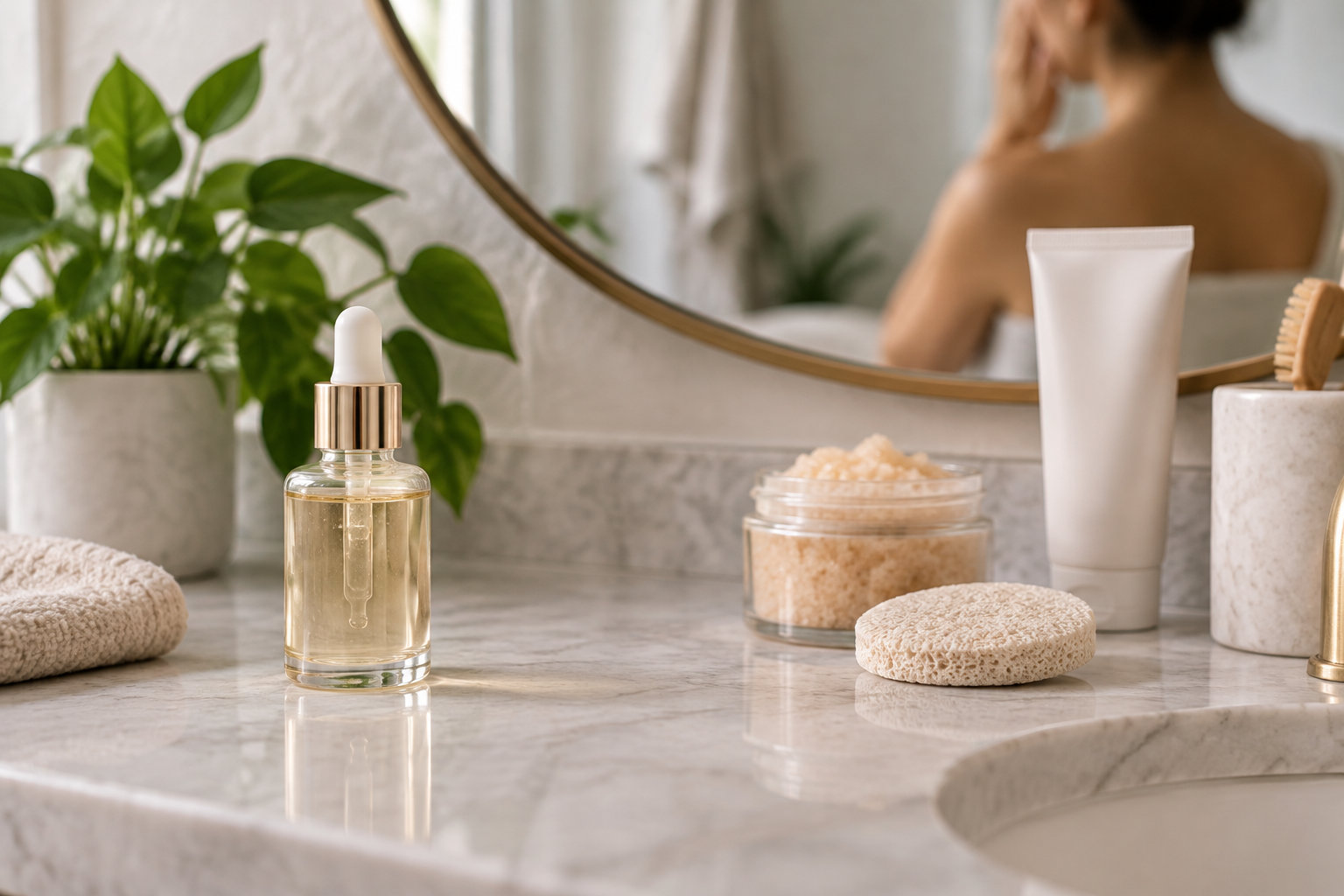 Un flacon compte-gouttes, un tube de crème, un pot de sels de bain, une éponge et une plante sont disposés sur un lavabo devant un miroir où se reflète une personne.