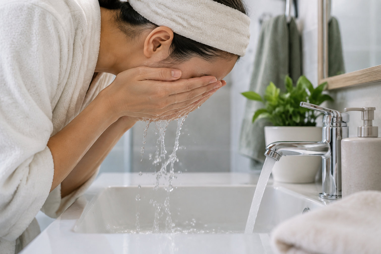Une personne en peignoir et serviette autour de la tête se rince le visage au-dessus d’un lavabo, tandis que le robinet coule.