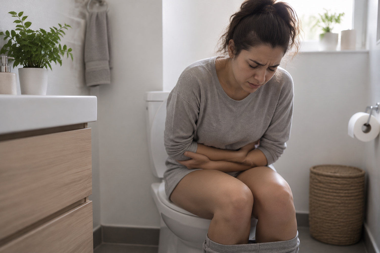Une femme assise sur les toilettes se tient le ventre, le visage crispé, dans une salle de bains.