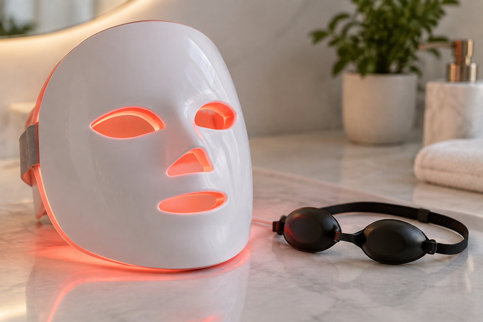Un masque de soin du visage à LED rouge et une paire de lunettes de protection noires sont posés sur un plan de travail en pierre, dans une salle de bain.