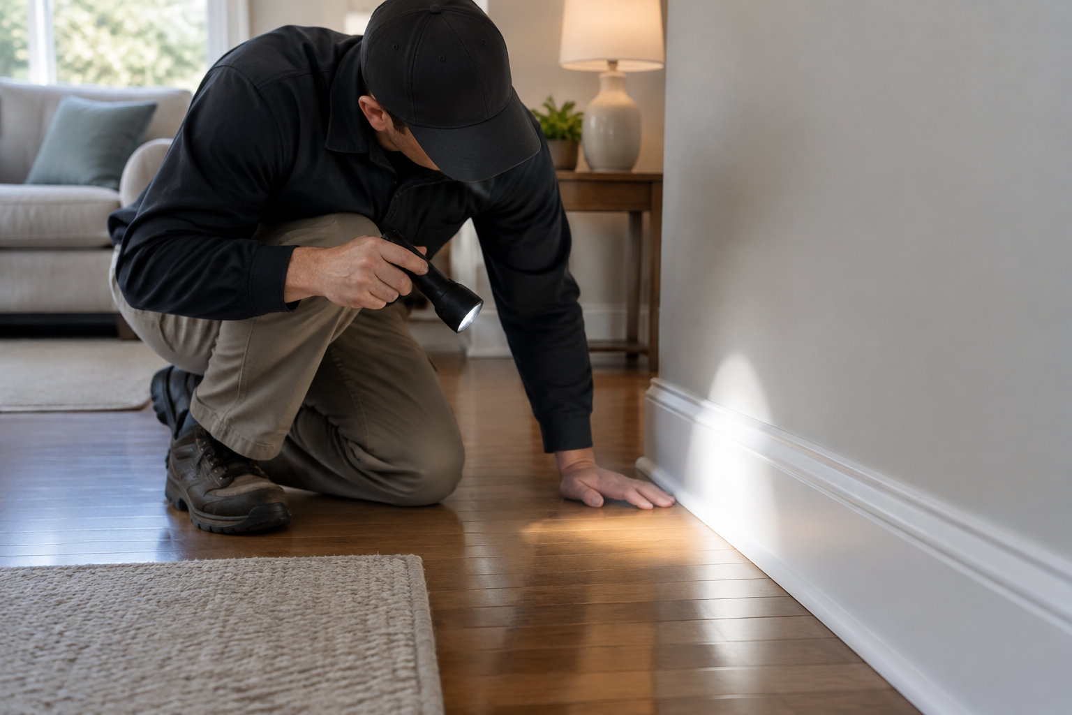 Un homme accroupi dans un salon éclaire le plancher et le bas d’un mur avec une lampe de poche.