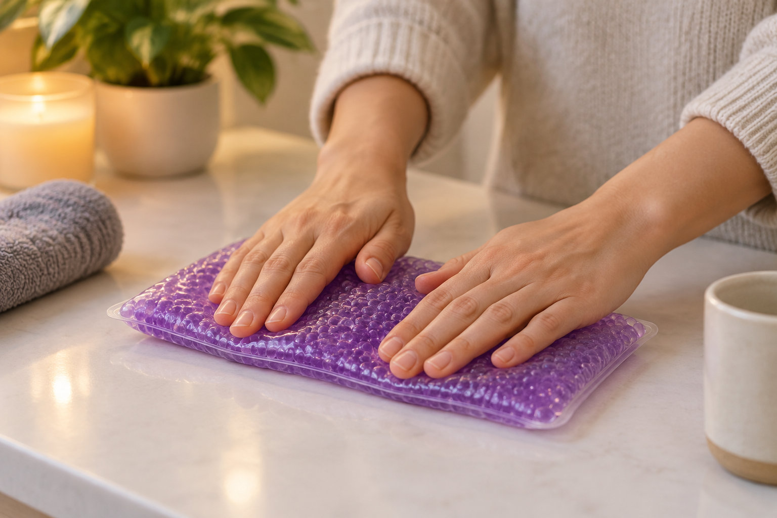 Deux mains appuient sur une compresse remplie de billes violettes, posée sur une table près d’une bougie, d’une plante et d’une tasse.