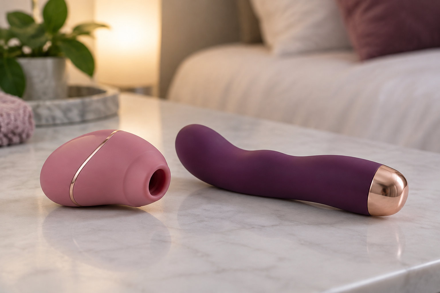 Deux objets de bien-être intimes rose et violet sont posés sur un comptoir en marbre, dans une pièce éclairée par une lampe, avec une plante et un canapé en arrière-plan.