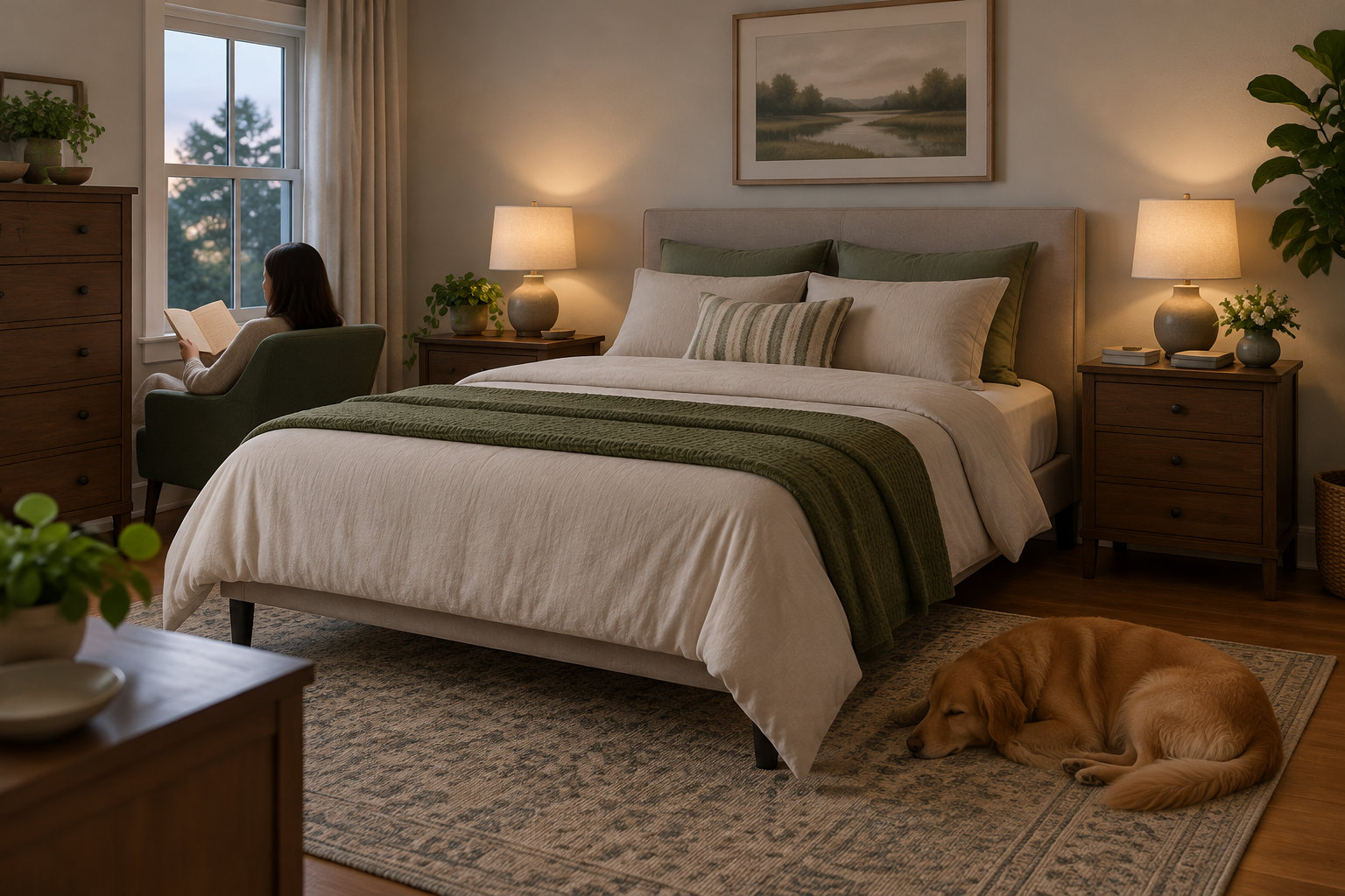 Une femme lit un livre près d’une fenêtre dans une chambre chaleureuse, tandis qu’un chien dort sur le tapis au pied du lit.