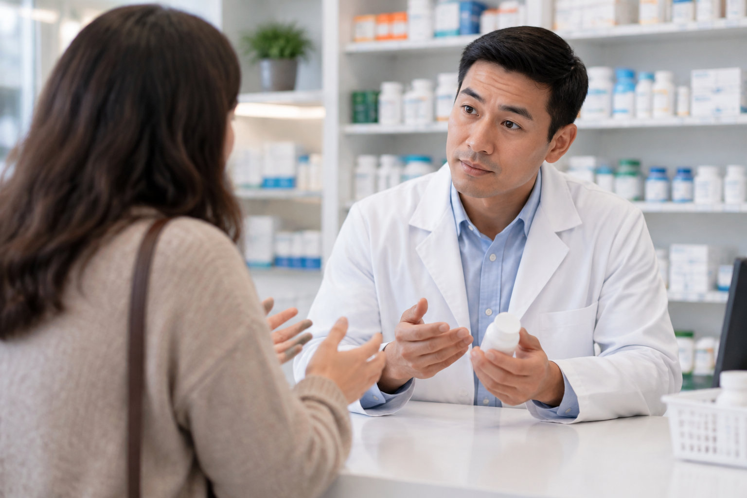 Un pharmacien en blouse blanche montre un petit flacon à une cliente, derrière un comptoir dans une pharmacie.