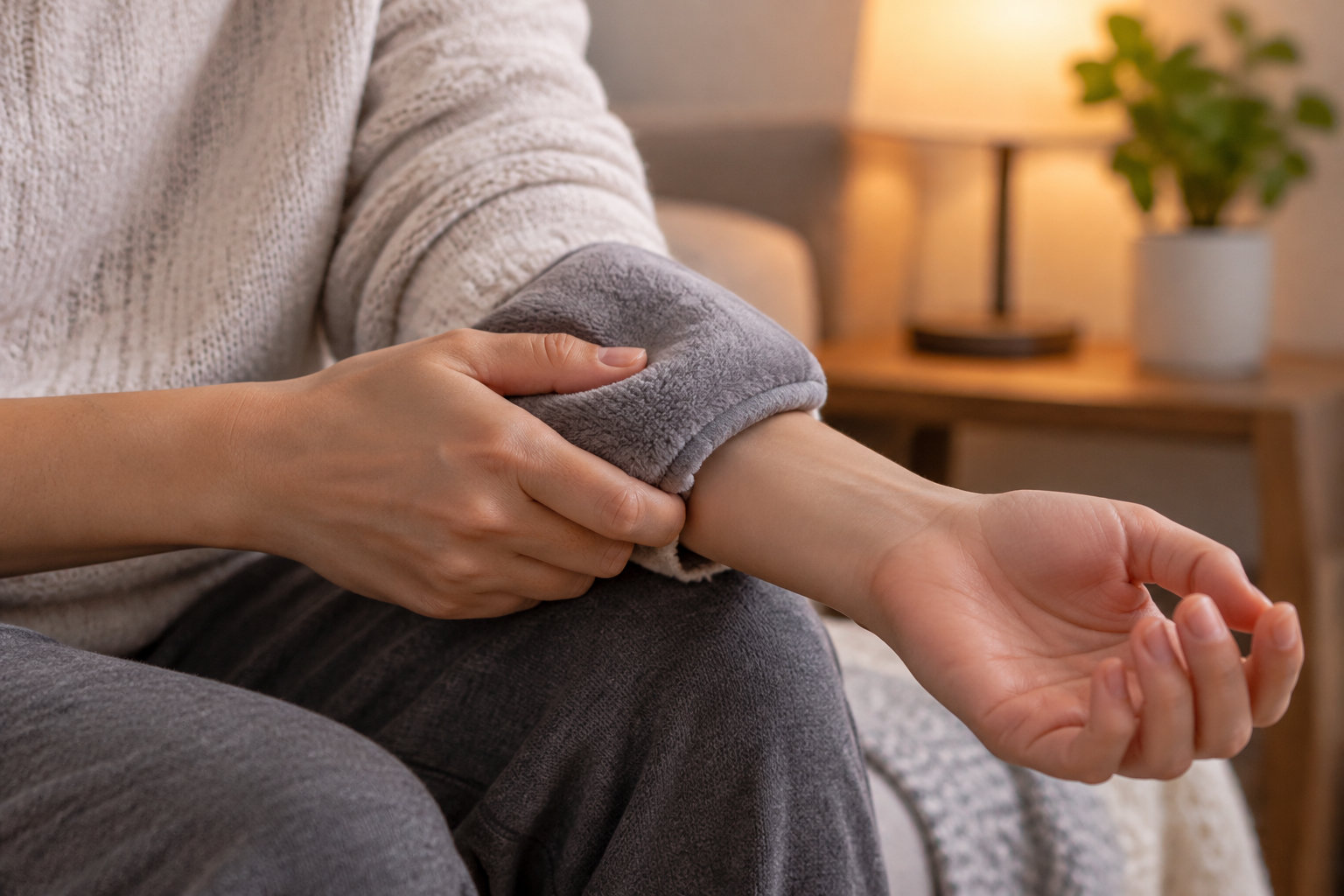Une personne assise sur un canapé remonte la manche de son chandail pour découvrir son poignet, la paume tournée vers le haut.