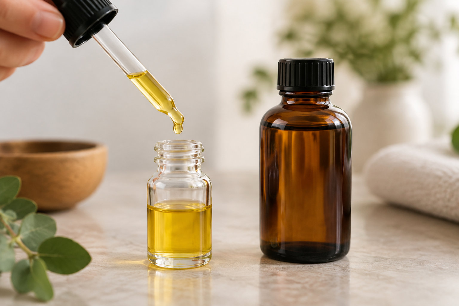 Une pipette verse une goutte d’huile jaune dans un petit flacon en verre, à côté d’un flacon ambré fermé, sur une table.