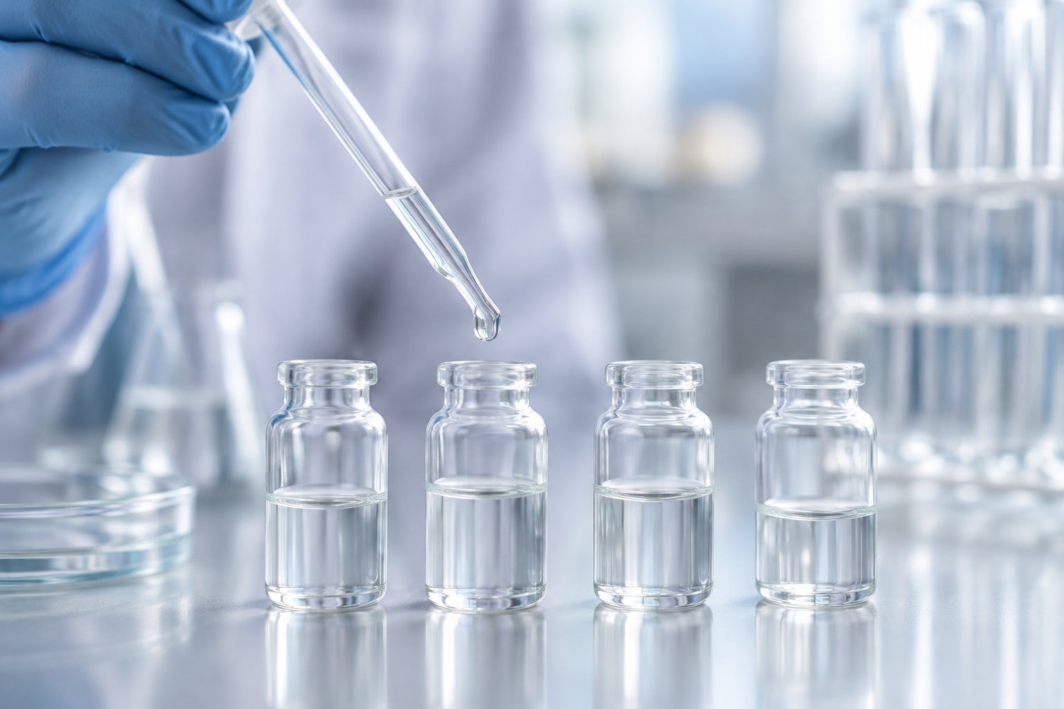Une main gantée tient une pipette au-dessus de quatre flacons en verre remplis de liquide, dans un laboratoire.