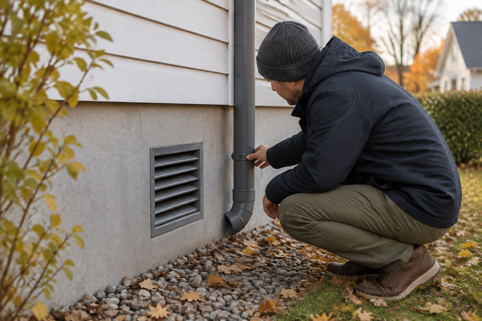 Un homme accroupi près du mur d’une maison manipule un tuyau de ventilation, à côté d’une grille, dans un jardin jonché de feuilles mortes.