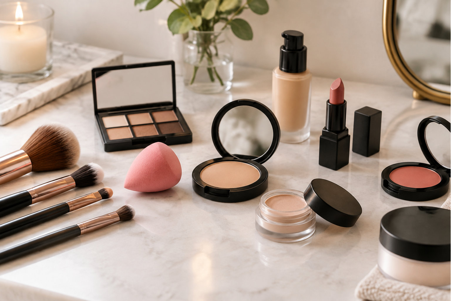 Des pinceaux, une éponge rose et divers produits de maquillage sont disposés sur une coiffeuse en marbre.