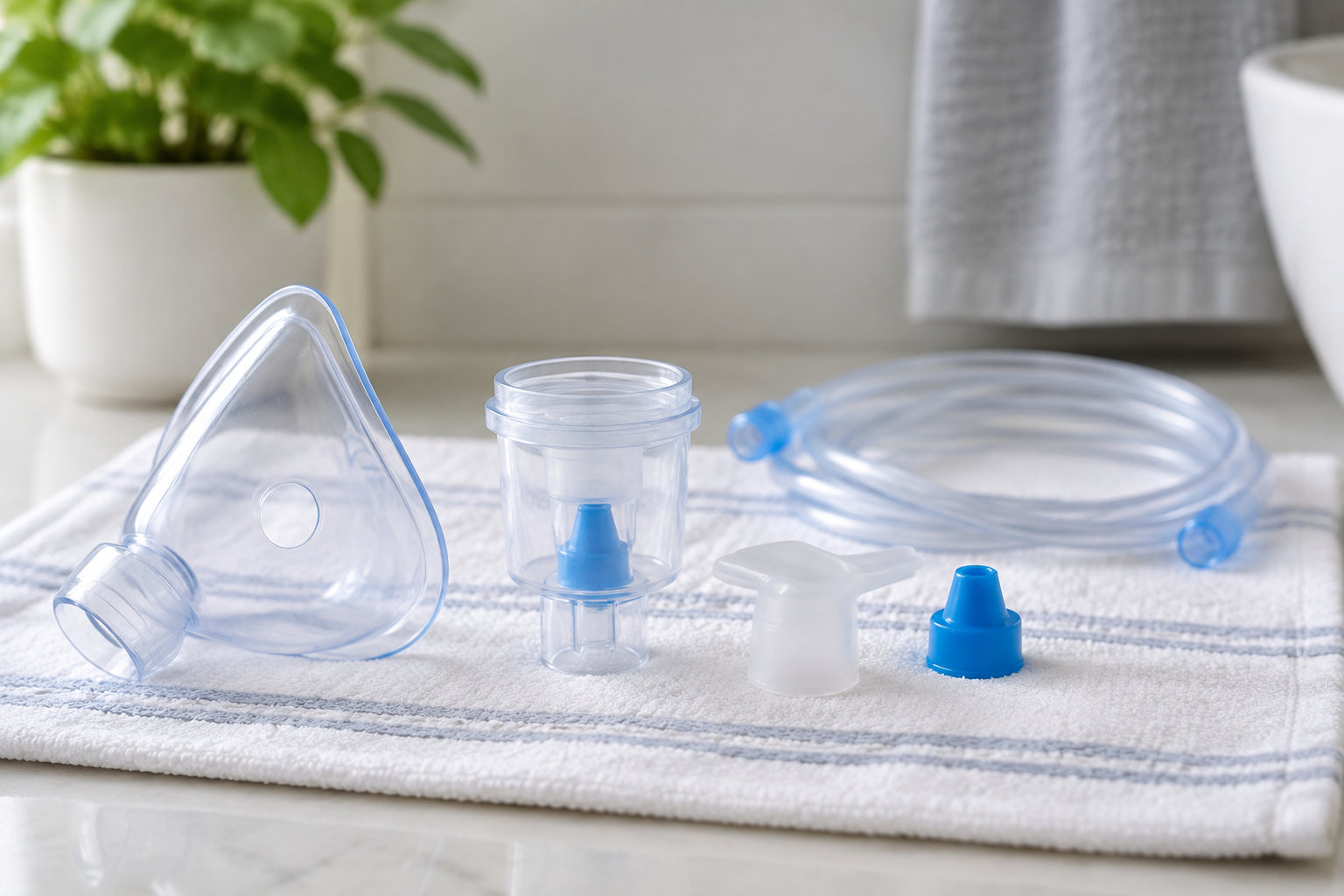 Un masque transparent, un réservoir, un tuyau et plusieurs embouts bleus et blancs sont disposés sur une serviette près d’une plante.