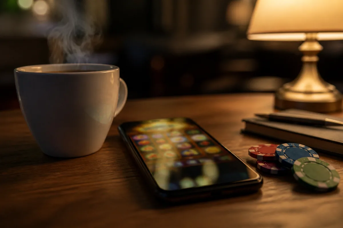 Smartphone affichant un jeu de casino en ligne à côté de jetons et d’une tasse