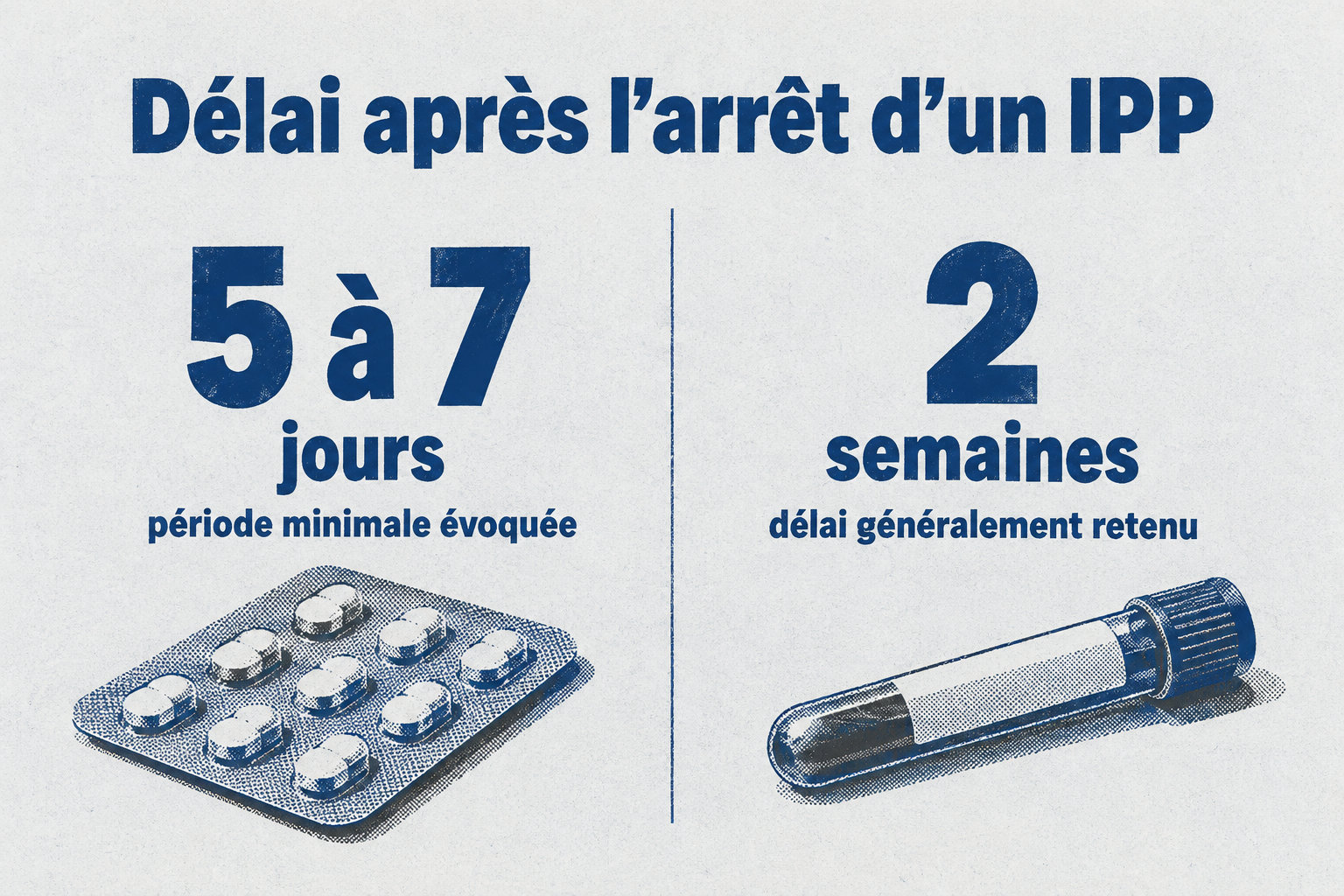 Après l’arrêt d’un IPP, une période minimale de 5 à 7 jours est évoquée, mais le délai généralement retenu est de 2 semaines.