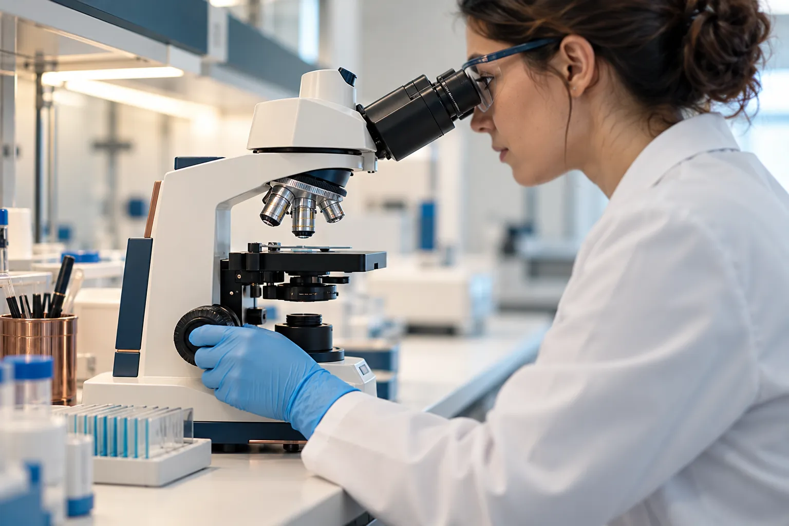 Illustration d’une activité d’analyse au microscope dans un laboratoire.