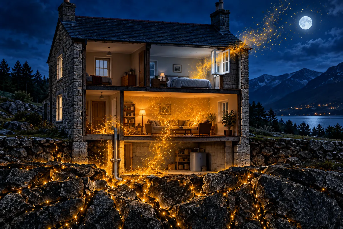 Illustration en coupe d'une maison en pierre la nuit : des particules dorées figurant le radon montent du granit fissuré, s'accumulent dans la cave et le séjour aux fenêtres fermées et s'échappent par une fenêtre ouverte à l'étage.