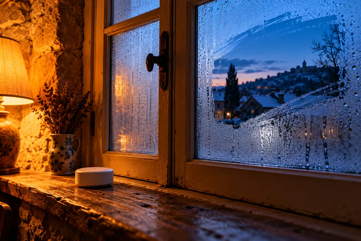 Fenêtre embuée d'une maison en pierre un soir d'hiver, essuyée d'un revers de main, avec un petit détecteur de radon blanc posé sur le rebord ; lampe chaude à l'intérieur, crépuscule bleu dehors.