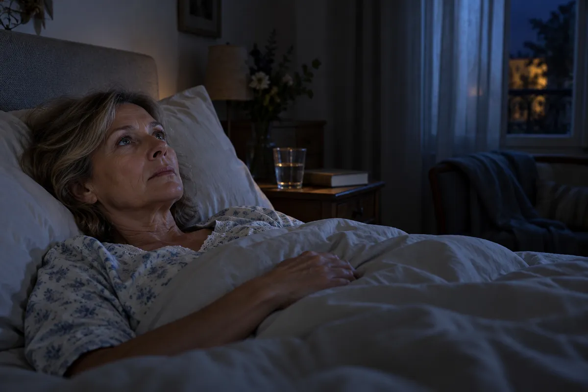 Une femme d'une soixantaine d'années allongée dans son lit, éveillée dans la pénombre d'une chambre la nuit, regarde le plafond.