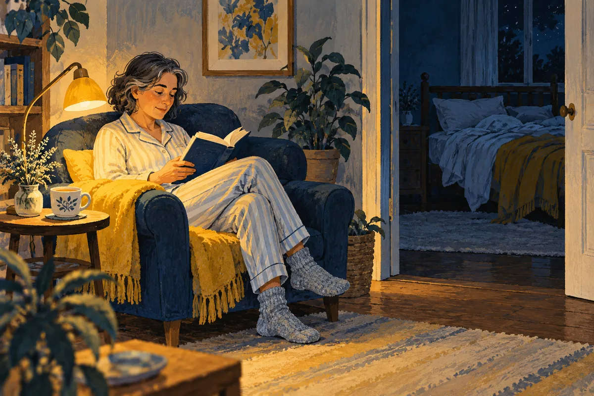 Illustration : une personne en pyjama lit un livre dans un fauteuil sous une petite lampe, une tasse posée à côté, tandis que le lit vide reste visible dans la chambre sombre.