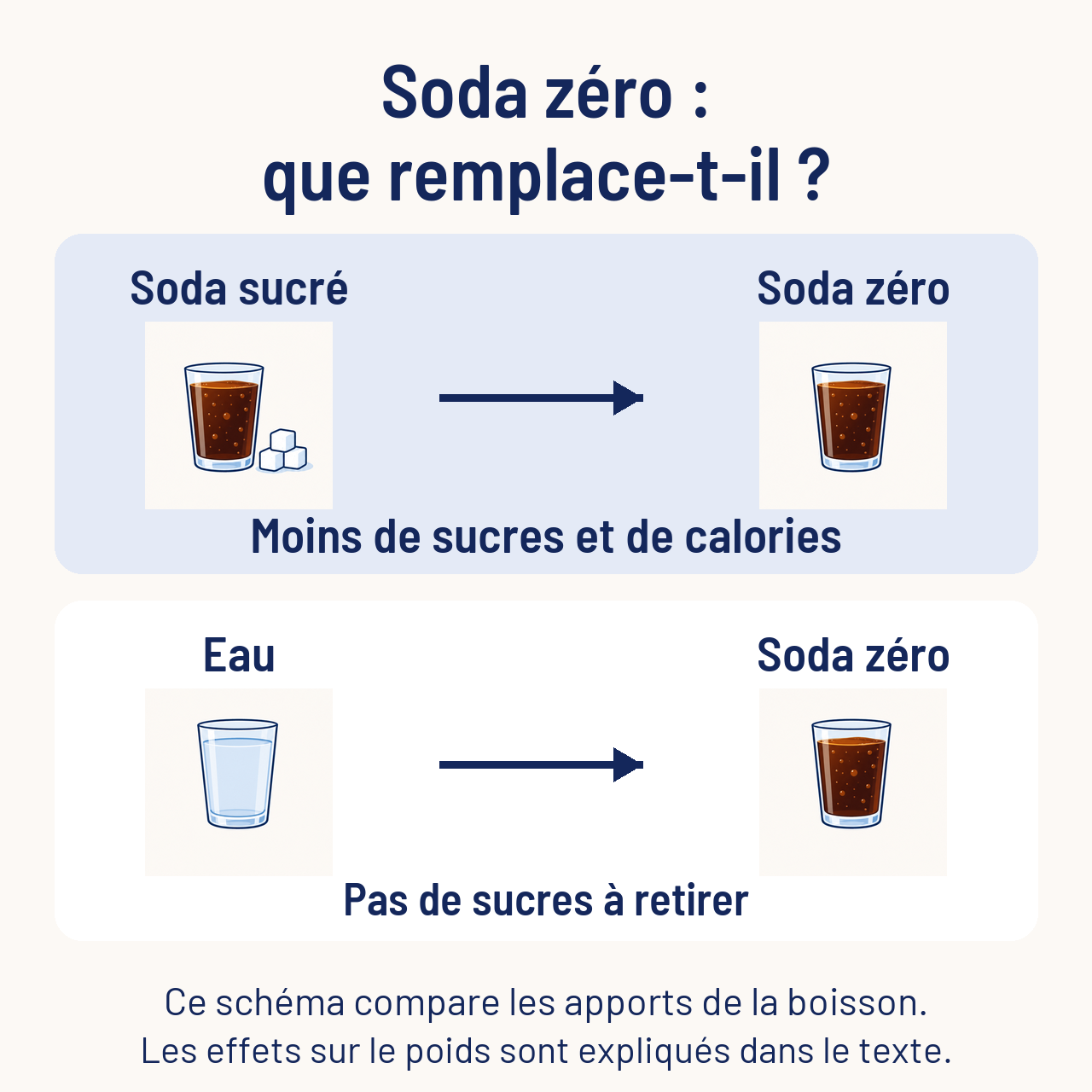 Le soda zéro retire les sucres et l’essentiel des calories d’un soda sucré. Quand il remplace l’eau, il n’y a pas de sucres à retirer de la boisson. Ce schéma compare les apports, pas les résultats sur le poids.