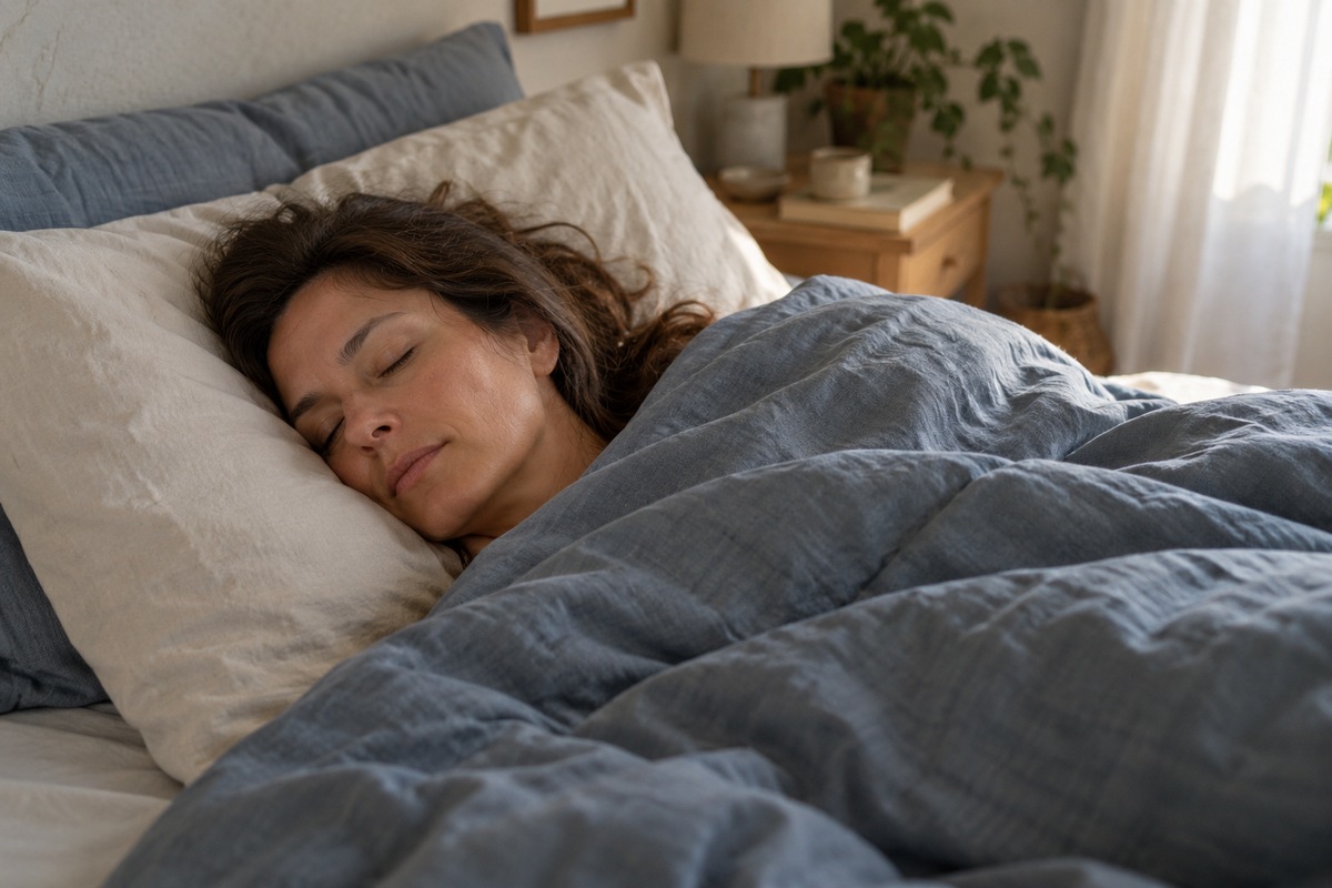 Une adulte au repos dans un lit, la tête sur un oreiller clair et le corps sous une couette bleu-gris.