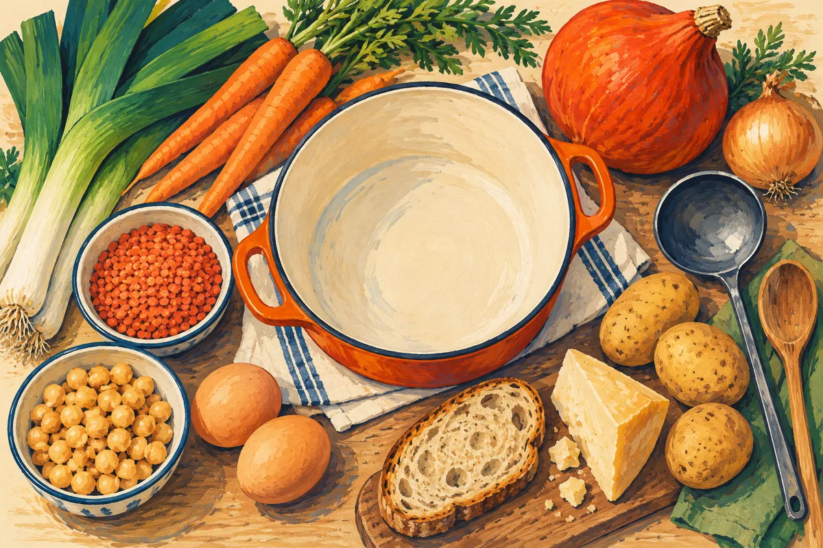 Illustration à la gouache : une cocotte vide entourée de poireaux, carottes, potimarron, oignon et pommes de terre, avec des bols de lentilles corail et de pois chiches, deux œufs, du pain et du fromage.