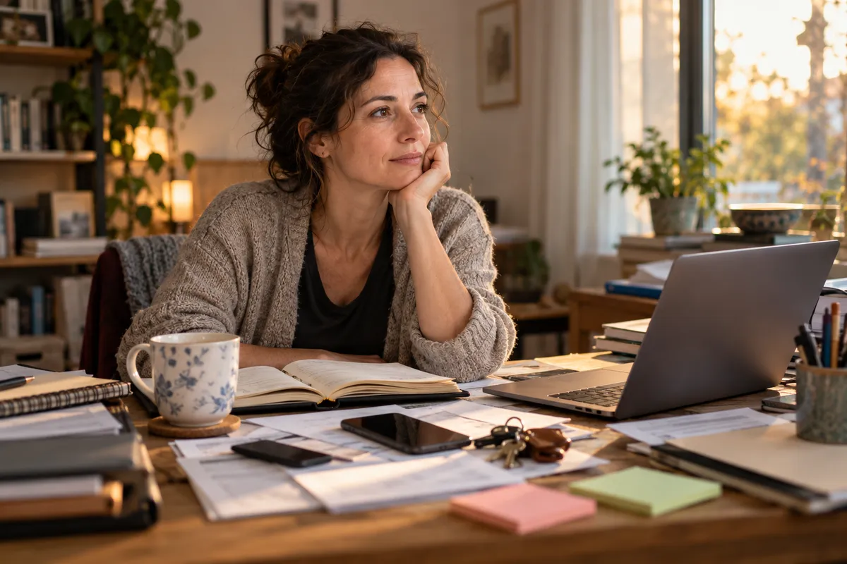 Une femme d'une quarantaine d'années, le menton dans la main, regarde vers la fenêtre devant un bureau encombré de papiers, d'un agenda ouvert et de notes adhésives.