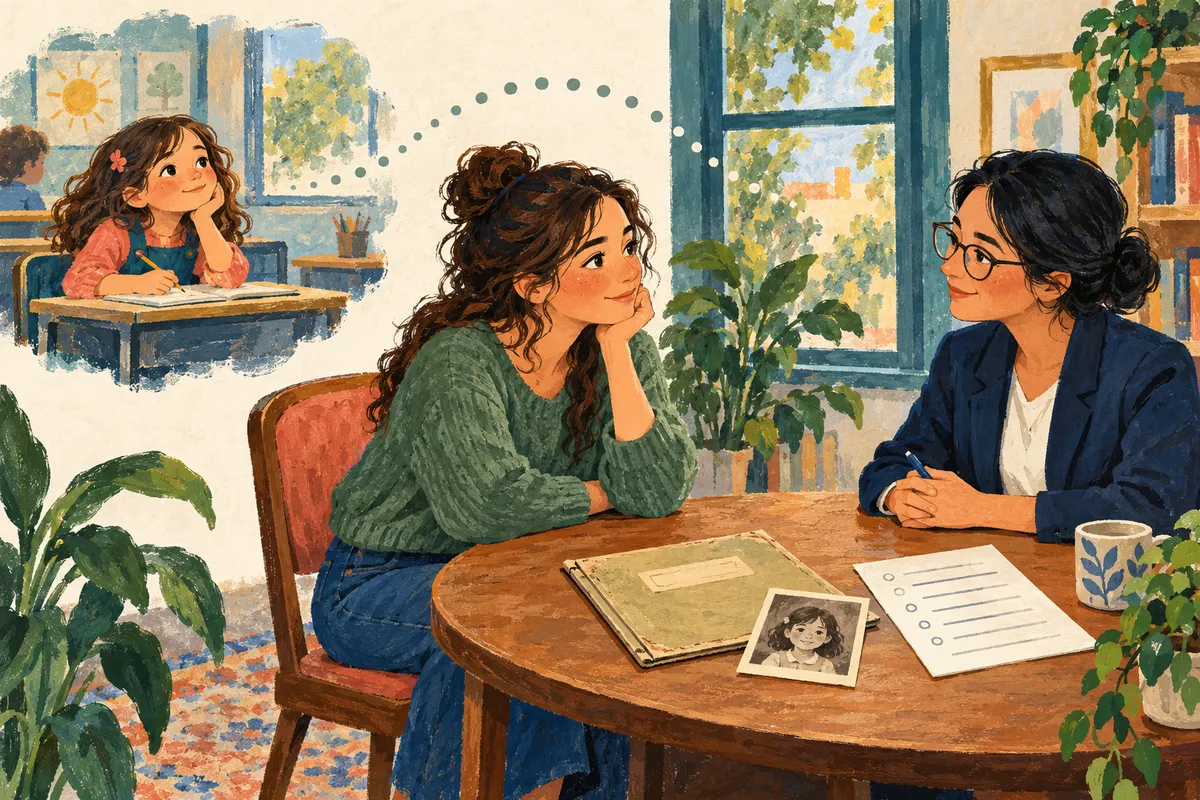 Illustration : une femme adulte et une psychiatre discutent autour d'une table où sont posés un bulletin scolaire, une photo d'enfance et un questionnaire.