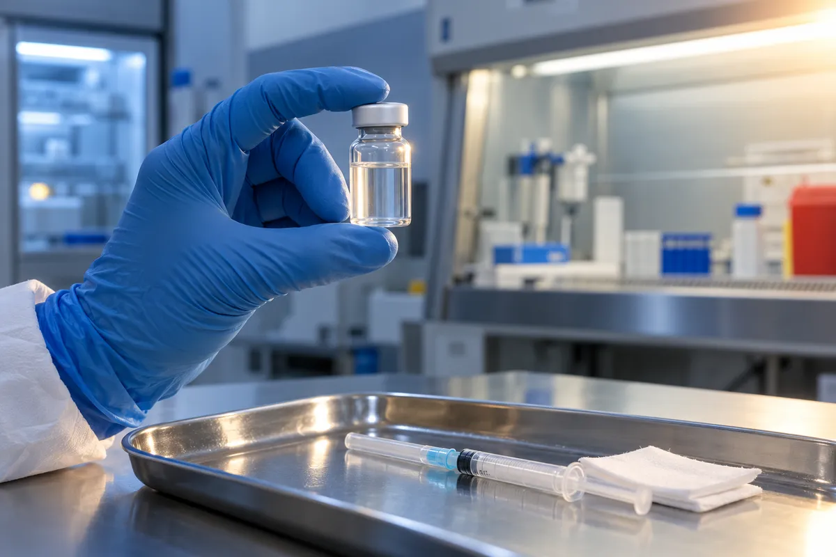 Main gantée tenant un petit flacon non étiqueté devant un laboratoire hospitalier bleuté, avec une seringue sur un plateau