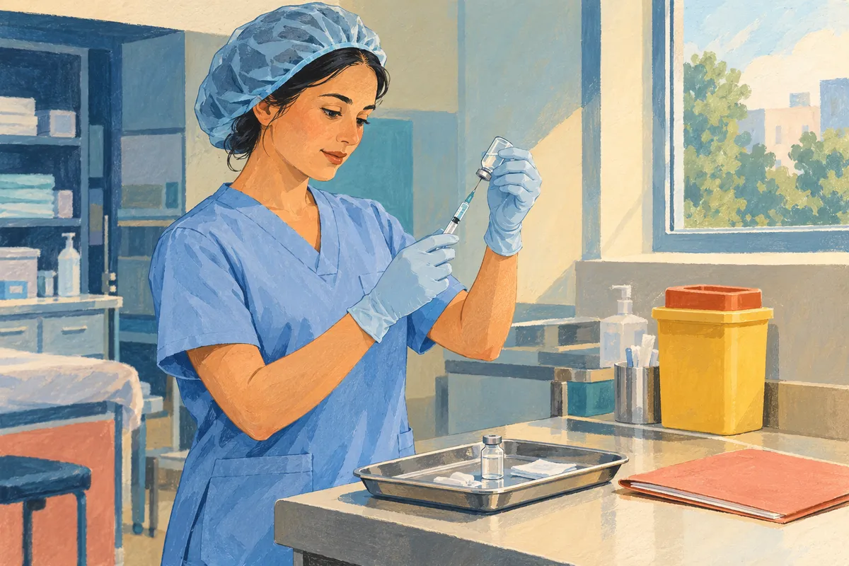 Illustration à la gouache d’une infirmière de recherche clinique préparant une seringue près d’un flacon à l’hôpital