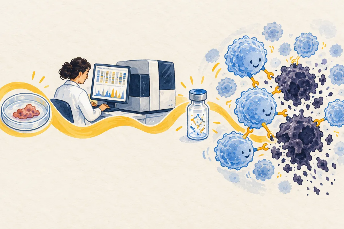 Illustration : un échantillon de tumeur dans une boîte de laboratoire, une chercheuse devant un séquenceur et un ordinateur, un flacon de vaccin, puis des globules blancs qui encerclent des cellules cancéreuses.