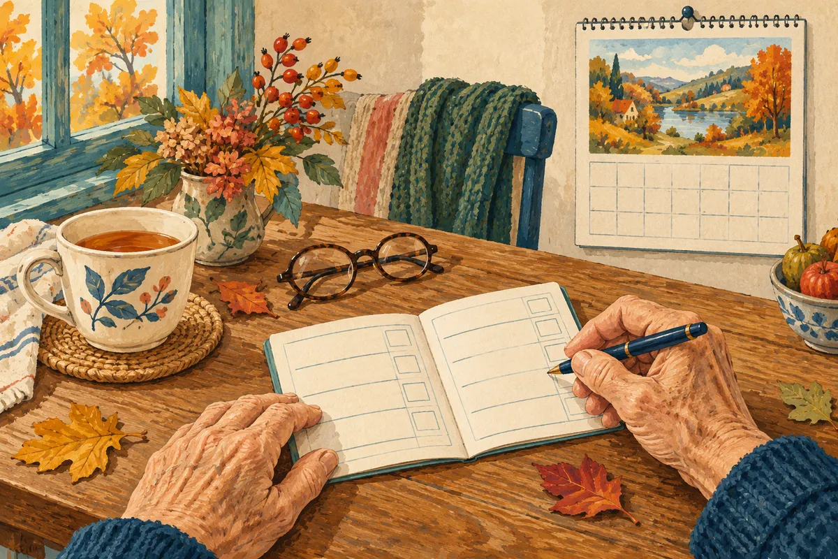 Gouache : les mains d'une personne âgée posées sur un carnet de vaccination ouvert, sur une table, près d'un calendrier d'automne et d'une tasse.