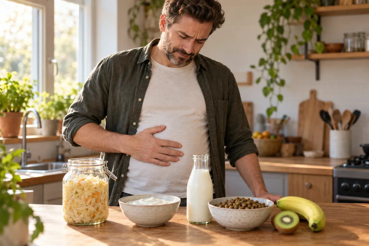Un homme dans une cuisine lumineuse, une main sur le ventre, l’air gêné, devant un comptoir où sont posés un bocal de chou fermenté, un bol de yaourt, une bouteille de kéfir, des lentilles, des bananes et un kiwi coupé.