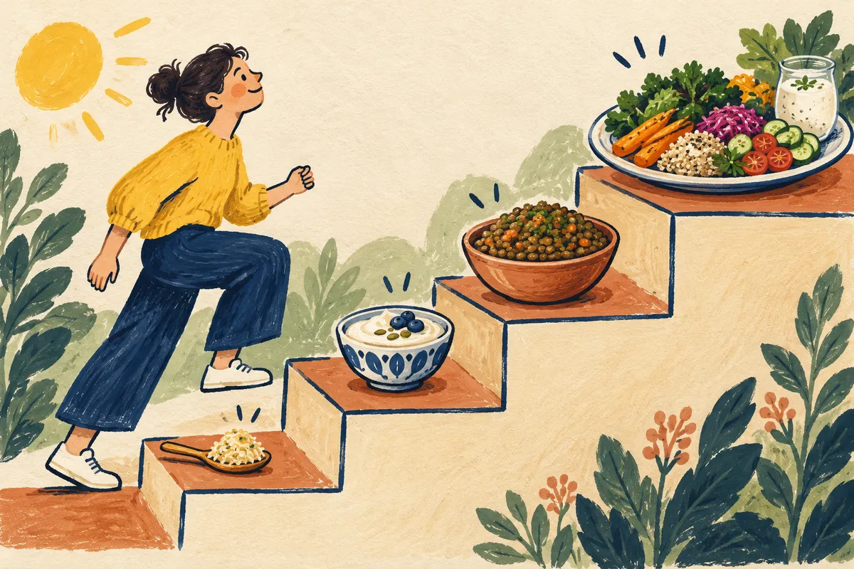 Illustration : une personne monte un escalier dont chaque marche porte une portion un peu plus grande d’aliments riches en fibres ou fermentés, du petit bol à l’assiette complète.