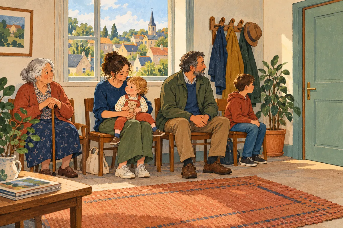 Illustration à la gouache d’une petite salle d’attente de cabinet médical avec quelques patients, dont une personne âgée