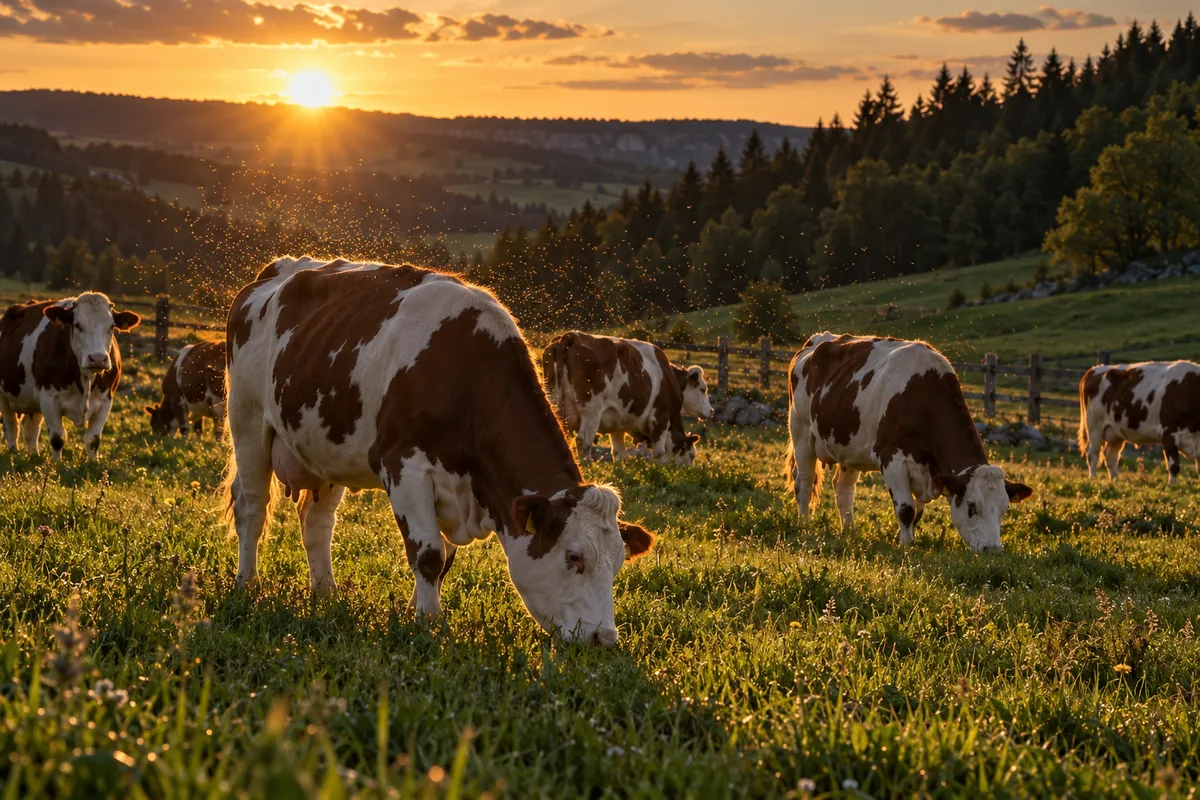 Troupeau de vaches montbéliardes broutant dans un pré vallonné au coucher du soleil, avec de minuscules moucherons éclairés à contre-jour au-dessus des animaux