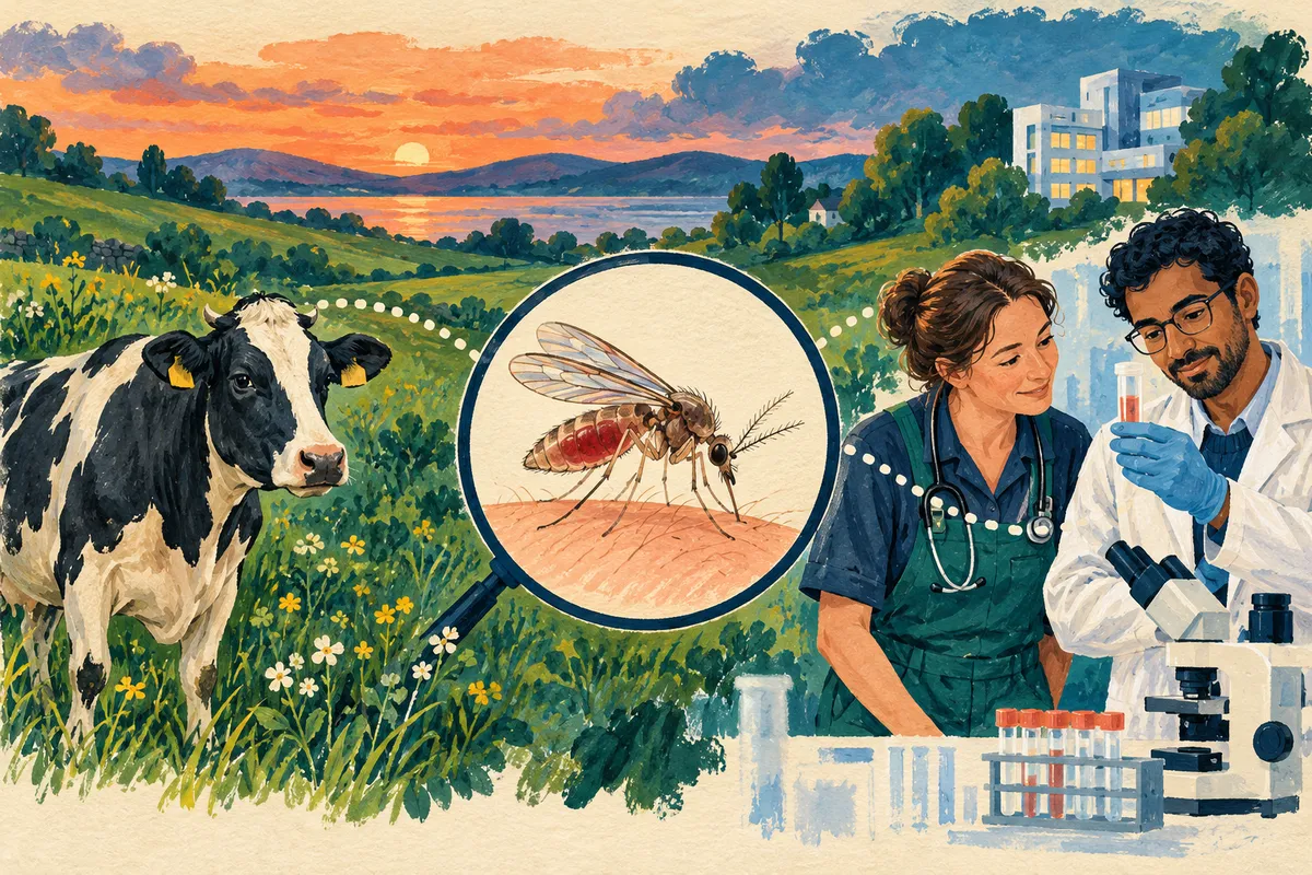 Illustration à la gouache : une vache dans un pré au crépuscule, un moucheron piqueur grossi dans une loupe et deux scientifiques examinant un tube au laboratoire, reliés par un chemin en pointillés