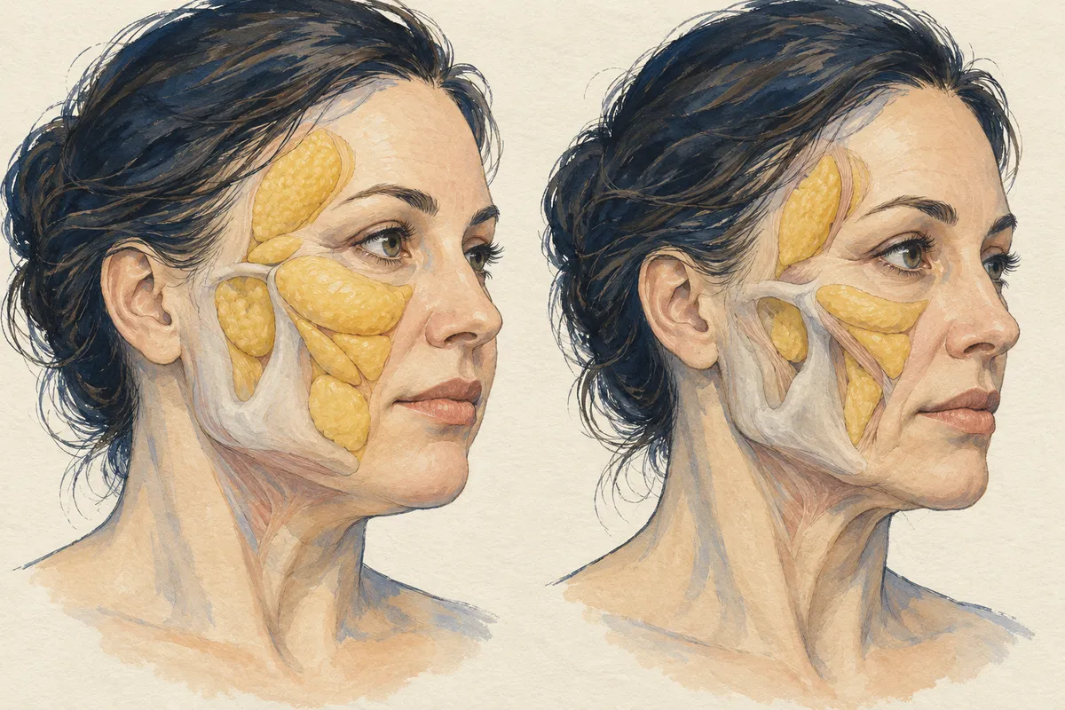 Illustration à la gouache : le même visage de femme dessiné deux fois de trois quarts ; à gauche, de gros coussinets de graisse jaunes sous la peau des joues et des tempes ; à droite, après l’amaigrissement, des coussinets plus petits et une joue plus creuse.