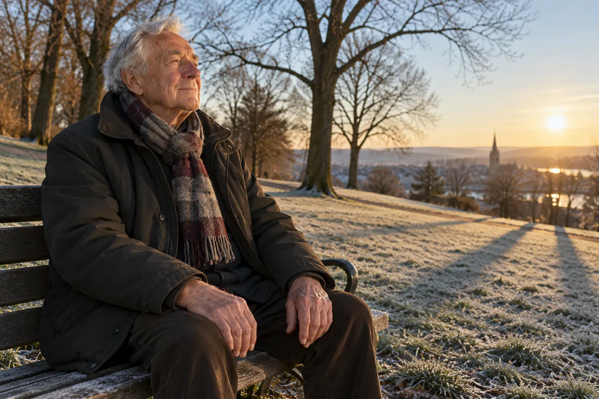 Un homme âgé assis sur un banc de parc en hiver, le visage tourné vers un soleil bas.