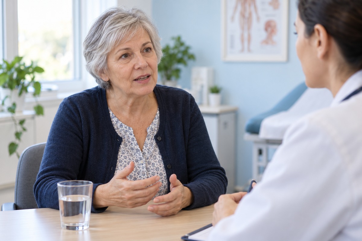 Une femme aux cheveux gris échange avec une médecin dans un cabinet lumineux.