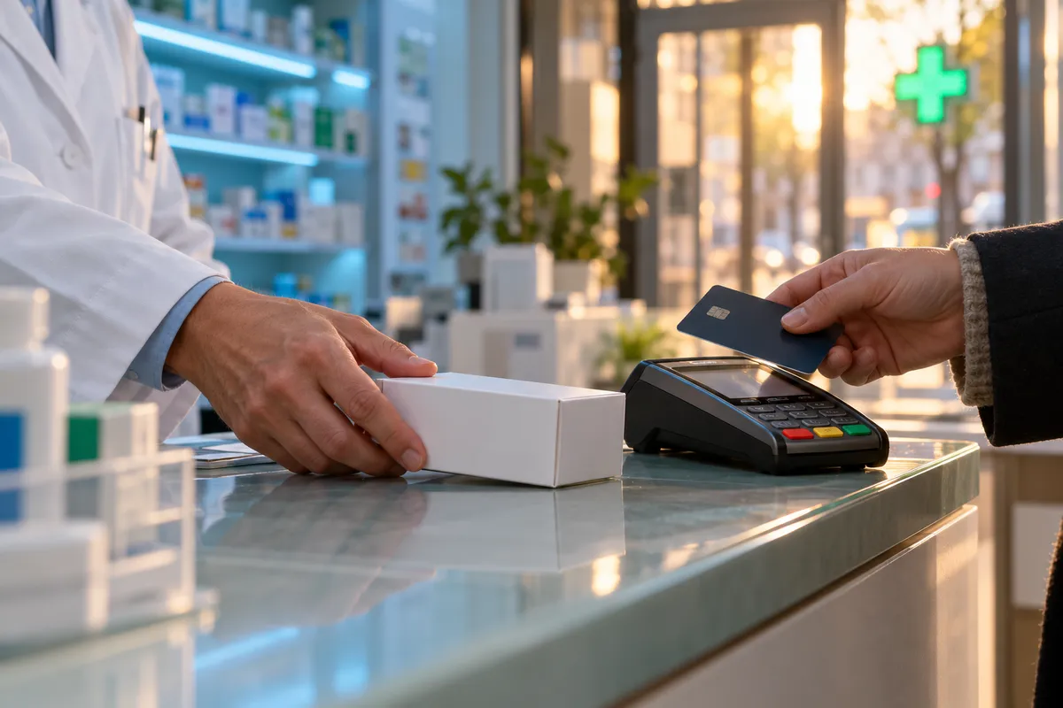 Au comptoir d'une pharmacie, une main en blouse blanche tend une boîte de médicament blanche pendant que le client approche sa carte bancaire du terminal de paiement.