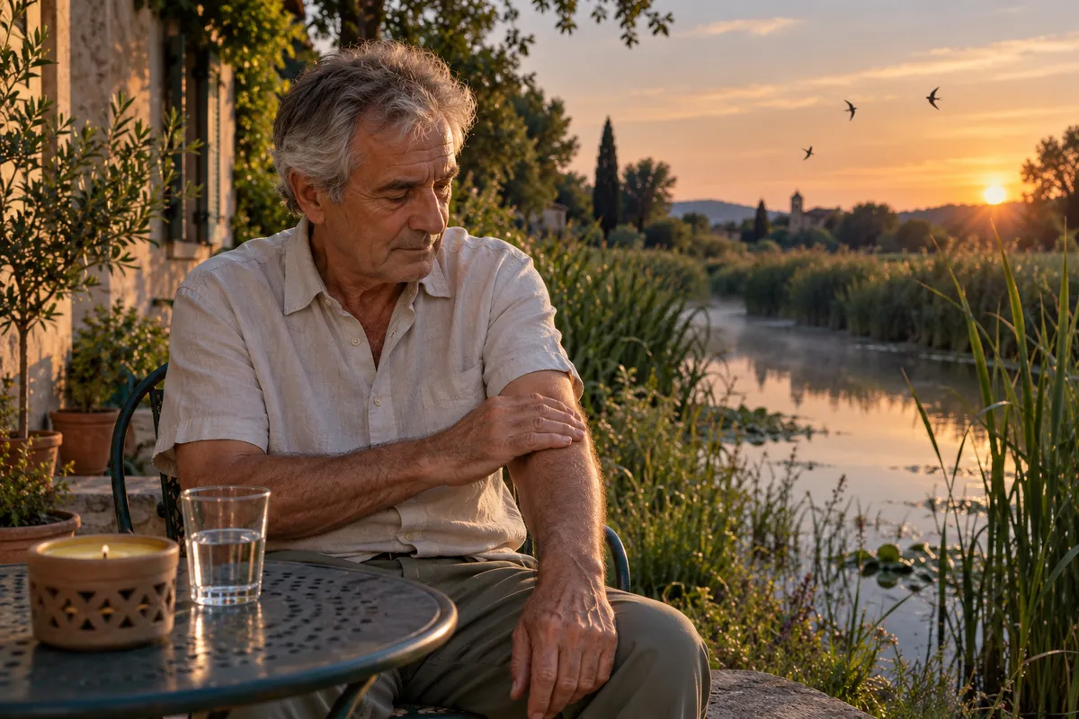 Homme âgé aux cheveux gris assis sur une terrasse au bord d’un canal bordé de roseaux, se frottant l’avant-bras au coucher du soleil