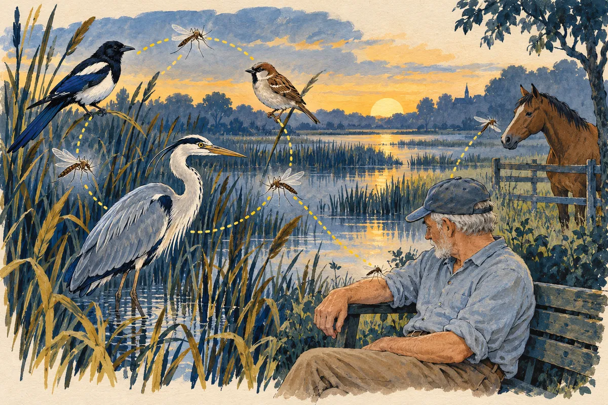Illustration du cycle du virus West Nile : oiseaux dans des roseaux, moustiques, un homme assis sur un banc et un cheval au bord d’un étang au crépuscule